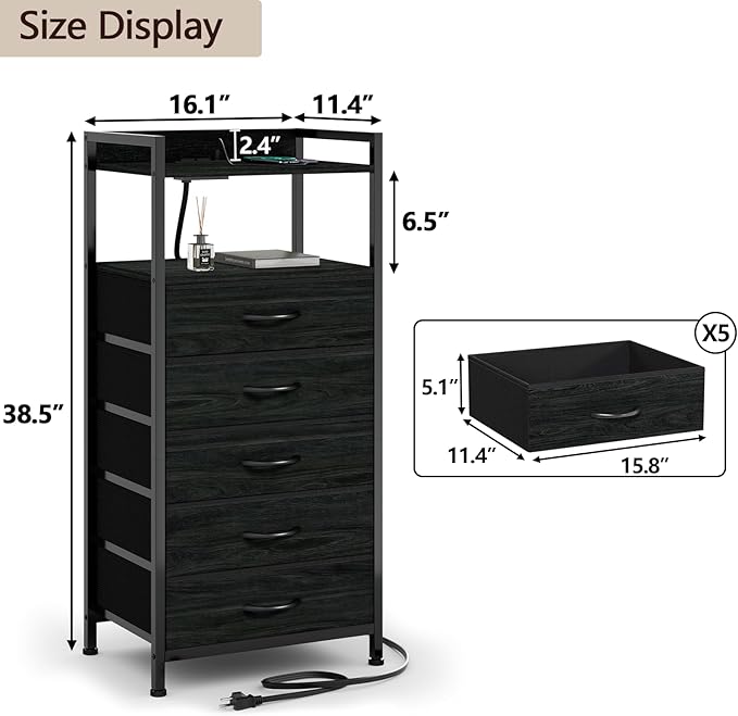 Furnulem Night Stand with Charging Station, Tall Black Dresser for Bedroom, N...