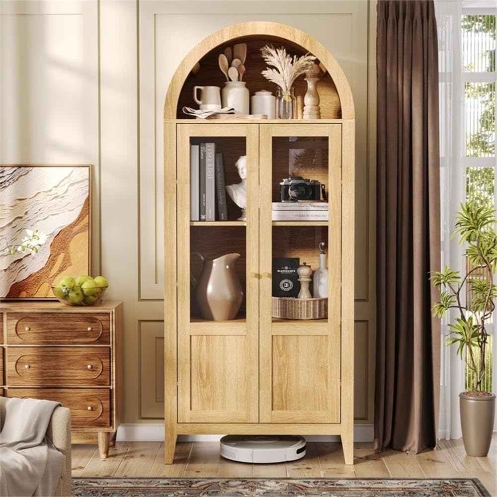 Light Brown Tall Arched Cabinet with Glass Doors Storage Cabinet Engineered W...
