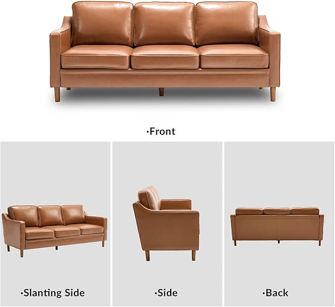 Kingfun 80" Faux Leather Sofa, 3 Seater Couch, Mid Century Modern Couches with Solid Wood Legs for Living Room & Bedroom, Brown