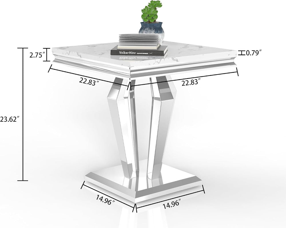 Faux Marble End Table, 23" Square White End Table with Faux Faux Marble ...