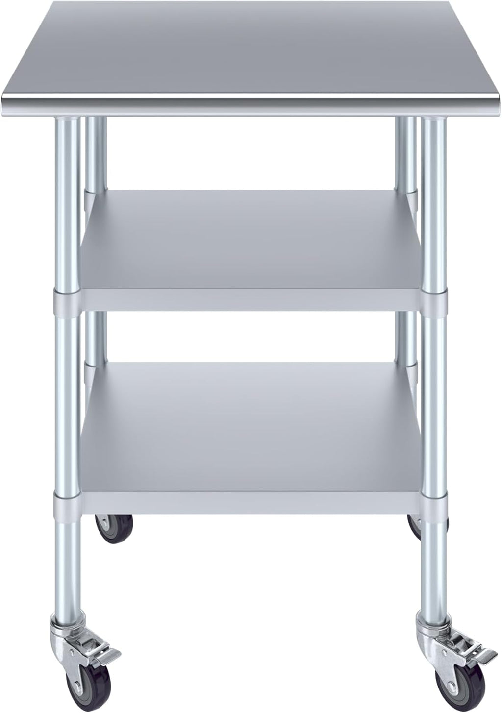 AmGood Stainless Steel Work Table with 2 Shelves and Casters | Metal Utility Table On Wheels (Stainless Steel Work Table with 2 Shelves + Casters, 30" Long x 24" Deep)