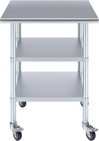 AmGood Stainless Steel Work Table with 2 Shelves and Casters | Metal Utility Table On Wheels (Stainless Steel Work Table with 2 Shelves + Casters, 30" Long x 24" Deep)