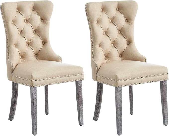 Kiztir Leather Dining Chairs Set of 2, Upholstered Dining Chair with Nailhead Trim and Solid Wood Legs, Luxury Wingback Dining Side Chair for Living Room, Bedroom, Kitchen (Beige)