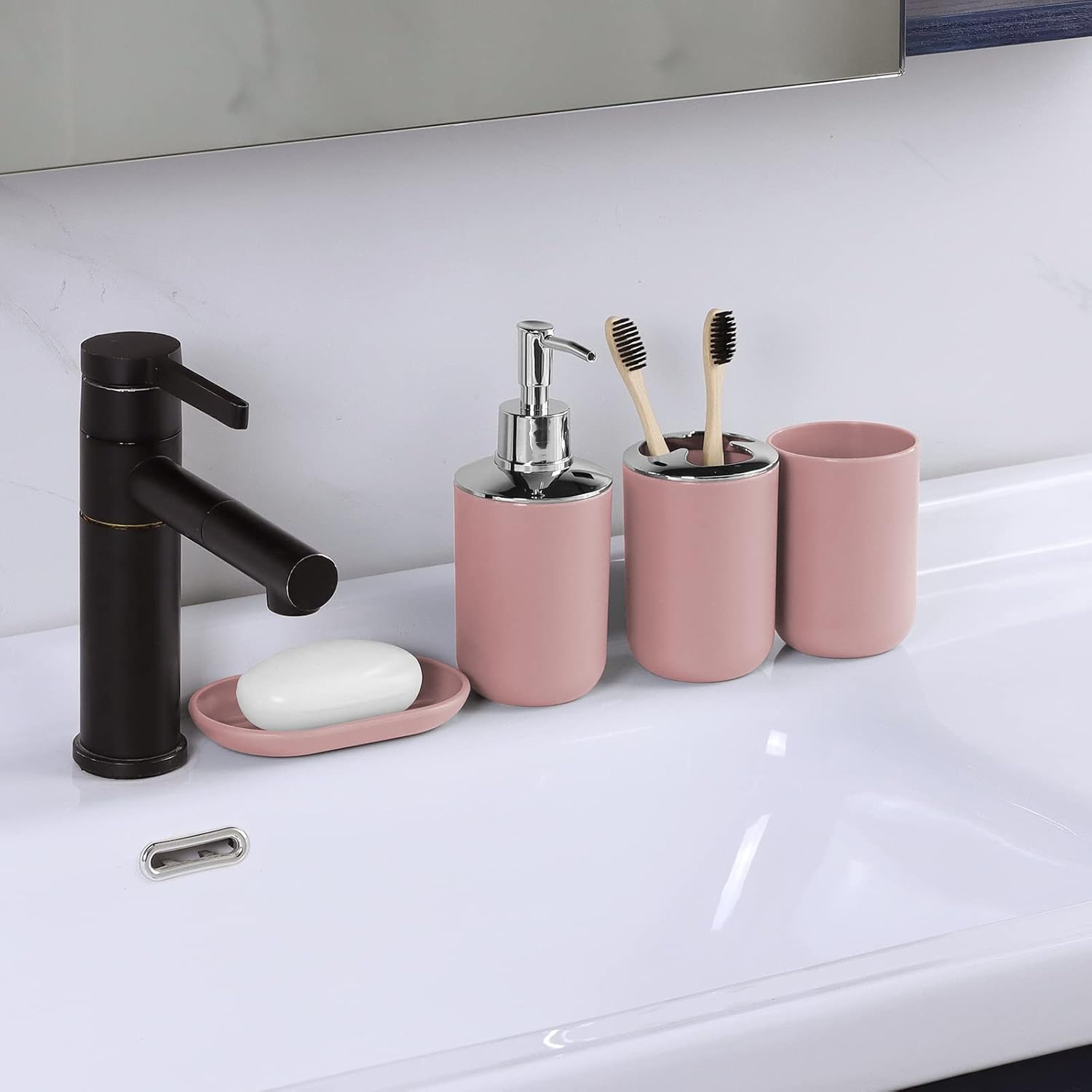 7 Piece Pink Bathroom Set,Soap Dispenser,Toilet Brush,Trash Can & Décor Tray,Complete Accessories for Bathroom Organization & Housewarming Gifts