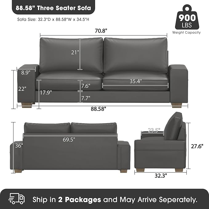 Faux Leather Couch, Mid Century Modern Comfy Loveseat Sofa with Wide Arm, Side Pockets, Solid Wooden Frame for Office, Living Room and Bedroom, 3 Seater (Gery, 88.58 inches)