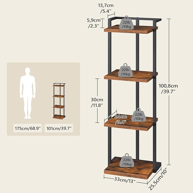 Bookshelf, 4-Tier Bookcase, Vertical Tall Narrow Book Shelf for Small Space, Open Storage Display Shelf with Stable Base & Anti-Tip Kits, for Living Room, Study, Rustic Brown BKHR11401