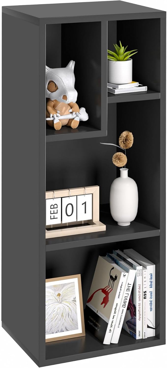 VECELO Small Bookshelf, 4 Cube Slim Bookcase, Fits Tallest Hardcovers, Horizontal Available, Modern Floor Standing Unit, Each Shelf Hold Up to 66 LBS, Matte Black