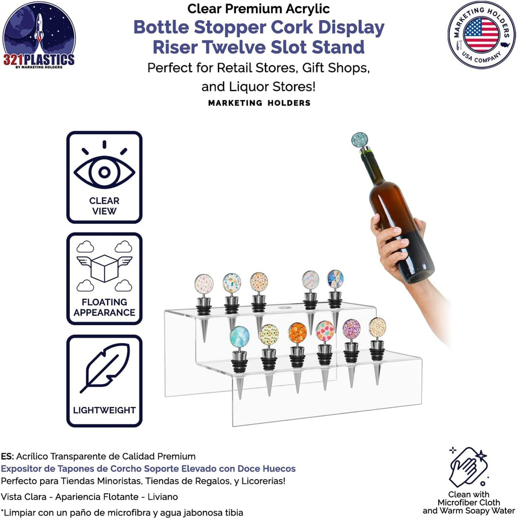 Marketing Holders Wine Bottle Topper Liquor Pourer Display Stand 12 Slot Rack .75 Inch Wide Holes Clear Acrylic 2 Tier Riser 11.75 Inch Wide by 4.75 Inch Deep Retail Countertop Showcase