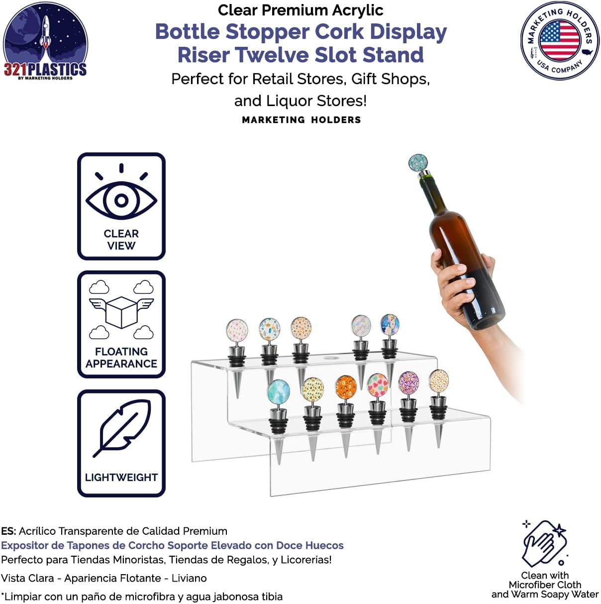 Marketing Holders Wine Bottle Topper Liquor Pourer Display Stand 12 Slot Rack .75 Inch Wide Holes Clear Acrylic 2 Tier Riser 11.75 Inch Wide by 4.75 Inch Deep Retail Countertop Showcase