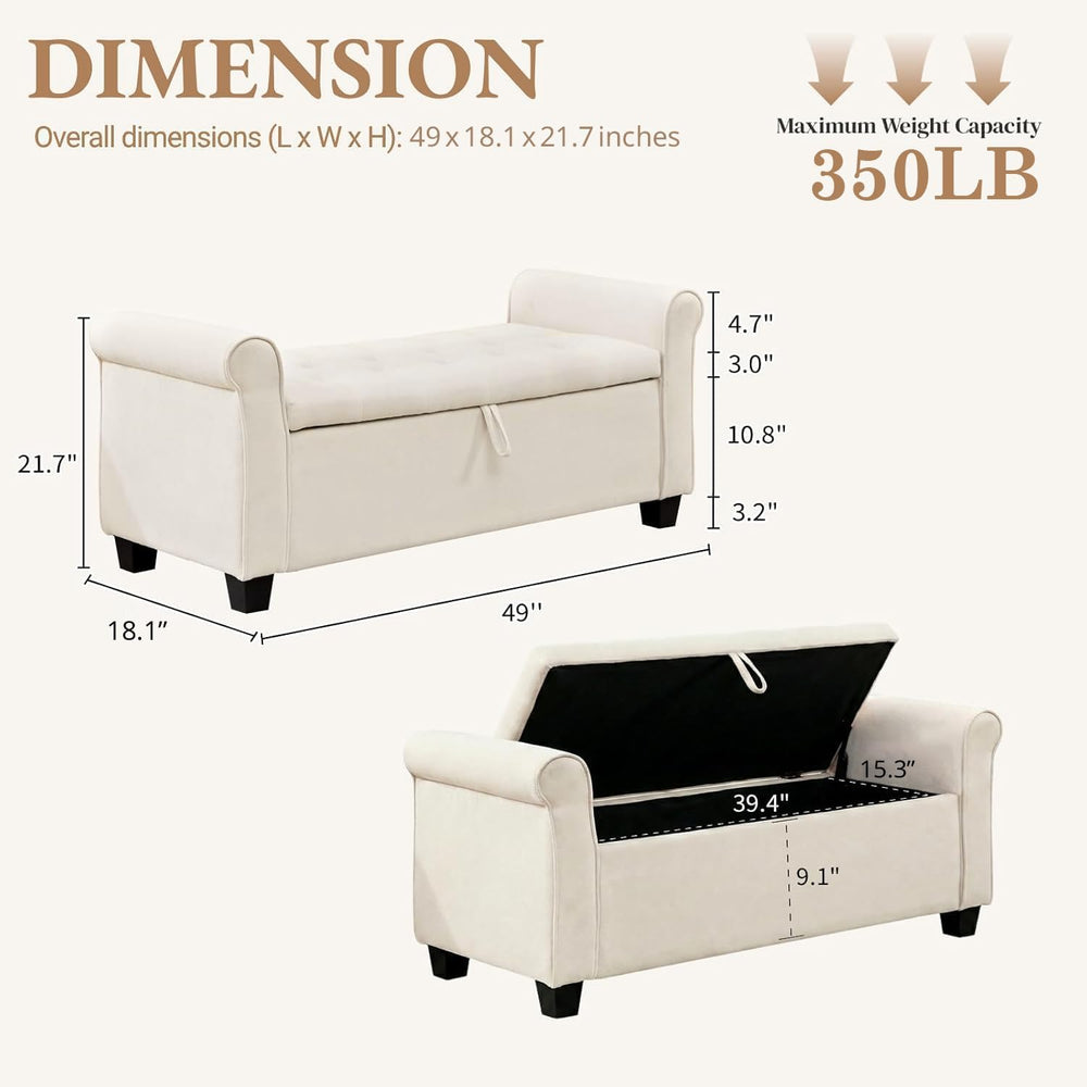 49" End of Bed Storage Bench for Bedroom, Upholstered Storage Ottoman | ...