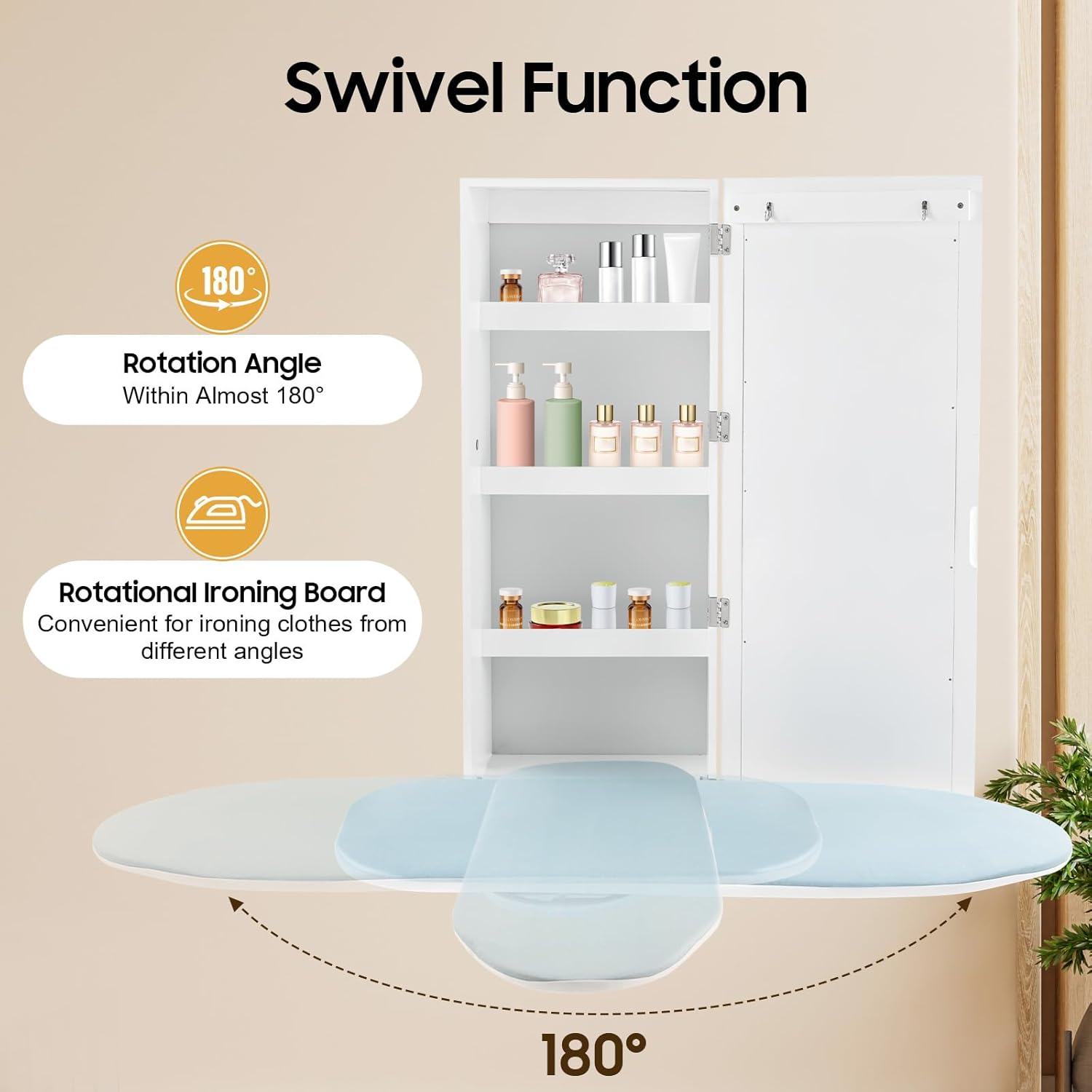 Wall Mount Ironing Board Cabinet, 14 * 8.1 * 37.5inch Built-in Swivel Ironing Board Foldable with Storage, Ironing Table Closet with 180° Rotatable Ironing Table for Home, Apartment & Small Spaces