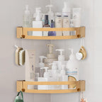 NearMoon Bathroom Shower Caddy 2 Pack, No Drill 304 Stainless Steel Shower Organizer with 2 Hooks (Corner Shelf, Gold)