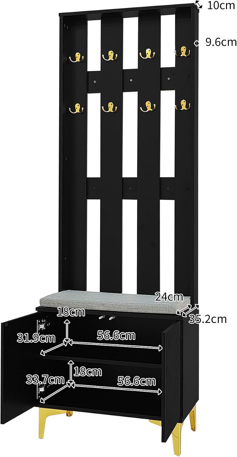 Stylish Multifunctional Entryway Wardrobe Set Black Shoe Bench with Hooks Pus...