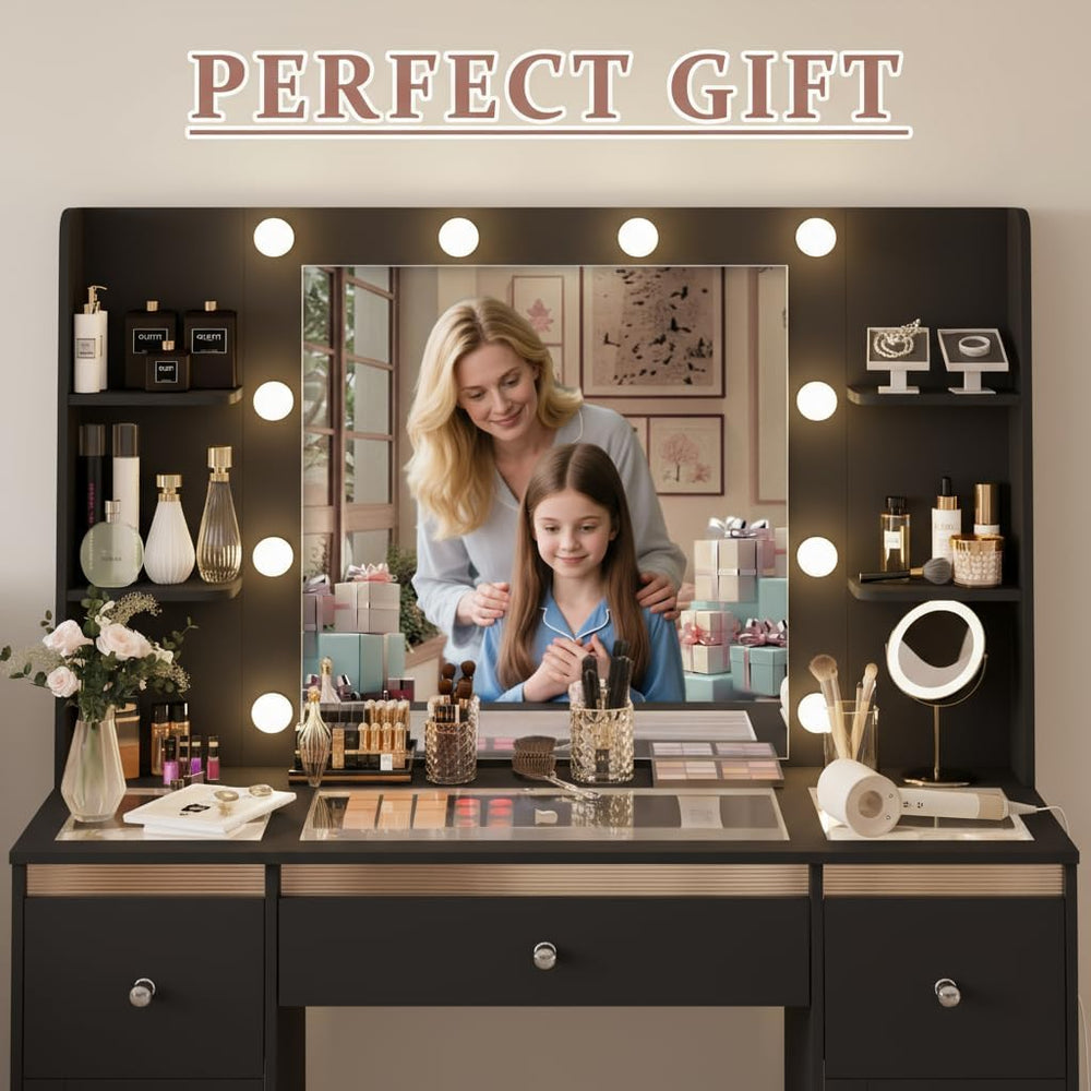 Glass Top Vanity Desk, Makeup Vanity Desk Black Dressing Table 23.5" Mir...