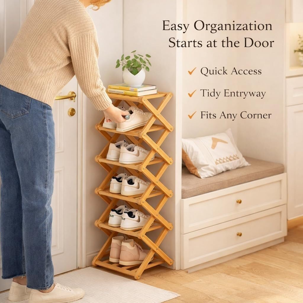 9-Tier Pre-Assembled Bamboo Storage Shelf — Foldable Bamboo Corner Shoe Rack | Space-Saving, Narrow Shoe Rack (No Assembly Required) — Ideal for Entryways, Closets, and Dorm Rooms (Brown, 9-Tier)