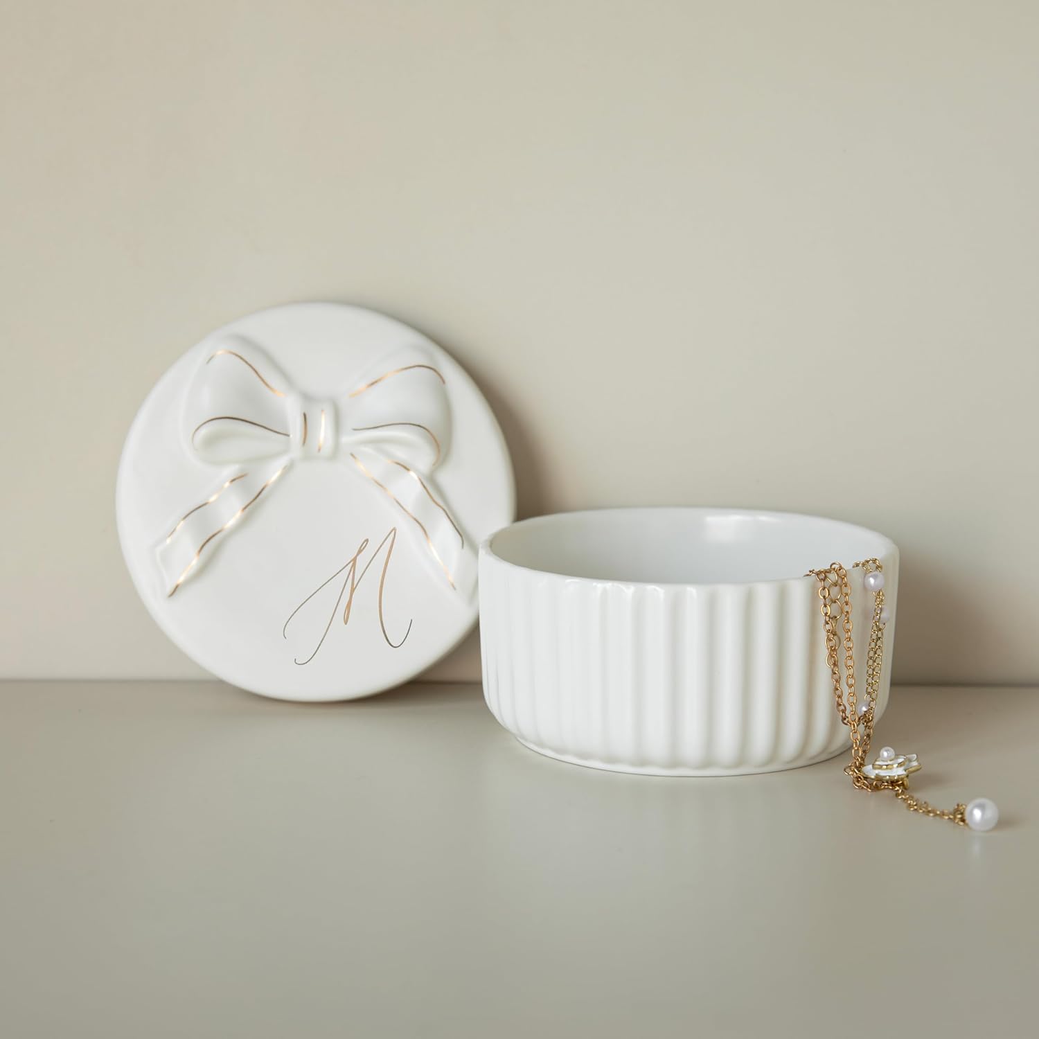 COLLECTIVE HOME Ceramic Jewelry Box with Bow, Nightstand Vanity Decor(M) | Jewelry Tray with Lid, Christmas Mother's Day Birthday Gifts for Women, Wedding, Bridal Shower, Bridesmaid Proposal Gifts