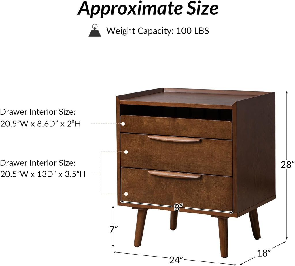 HULALA HOME 2 Drawer Nightstand with Charging Station, Mid-Century Modern Bedside Tables with Wood Legs, Wood Night Stand with Pull-Out Shelf, Walnut