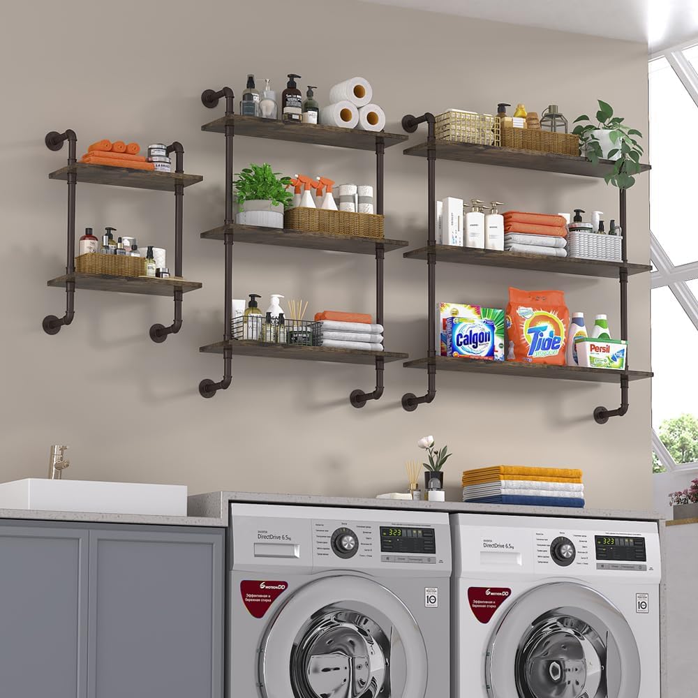 Helsin 3 Tier Industrial Pipe Shelf Rustic Wood Floating Shelves,Wall Display...