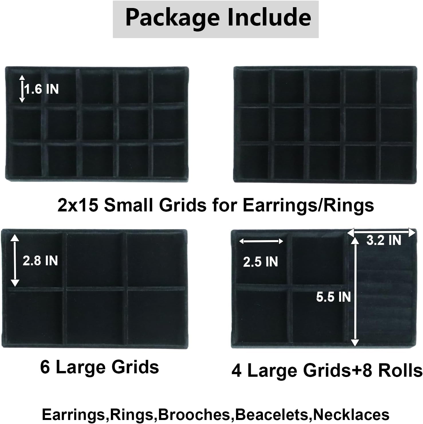 Set of 4 Stackable Jewelry Trays Organizer, Velvet Earring Organizer, Jewelry Organizer Showcase Display Drawer Organizer Storage, Earring Holder Necklace Bracelet Ring Accessary Organizers (Black)
