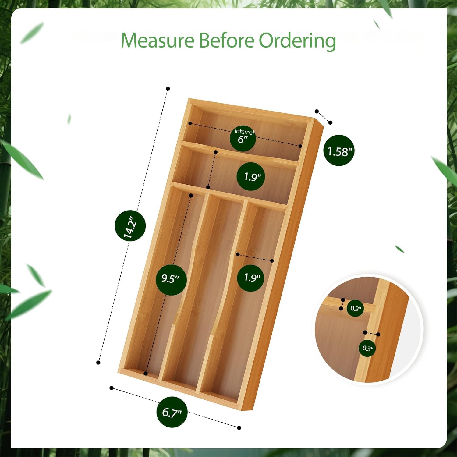 Small Silverware Organizer, Bamboo Kitchen Drawer Cutlery Organizer, Utensil Holder, Flatware Organizer Tray (6.7"x14.2"x1.6")