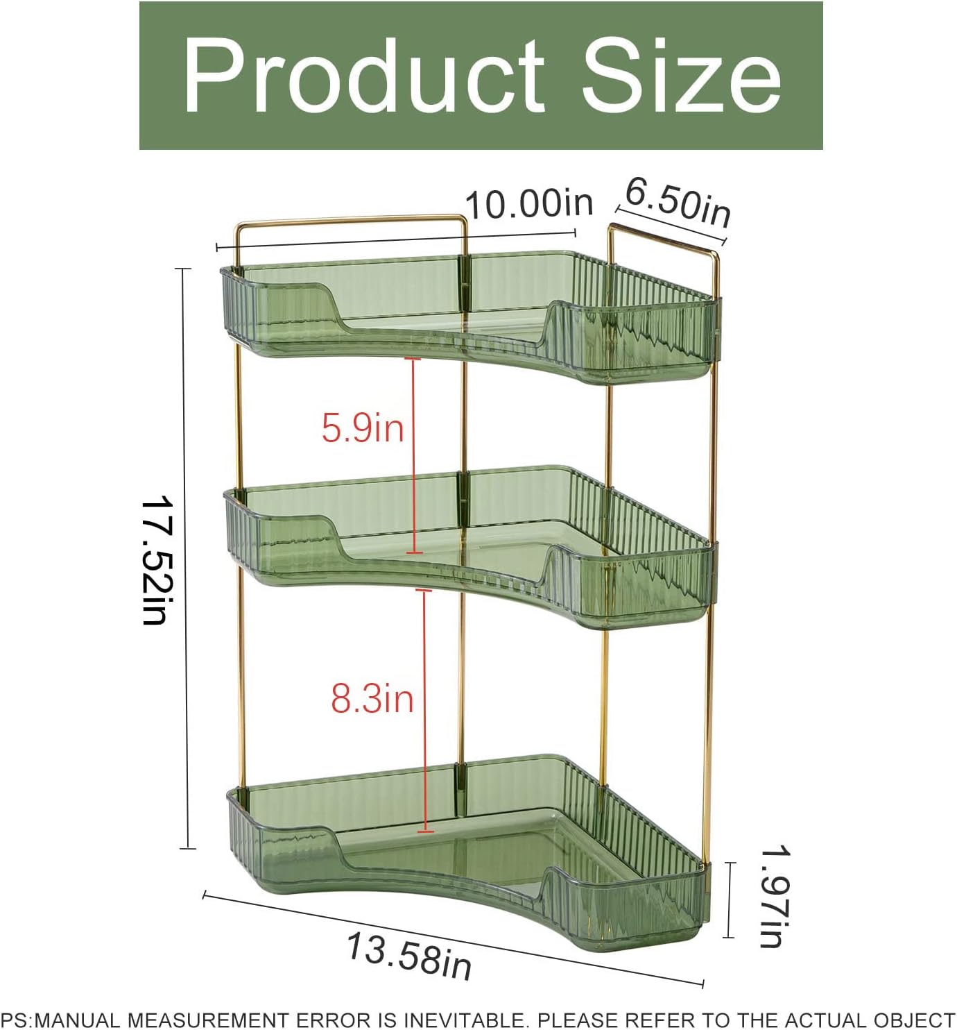 Corner Bathroom Countertop Organizer, Vanity Trays for Bathroom Counter, Makeup Organizer, Perfume Tray, Kitchen Spice Rack, Fits 90 Corner(Green, 3 Tiers)