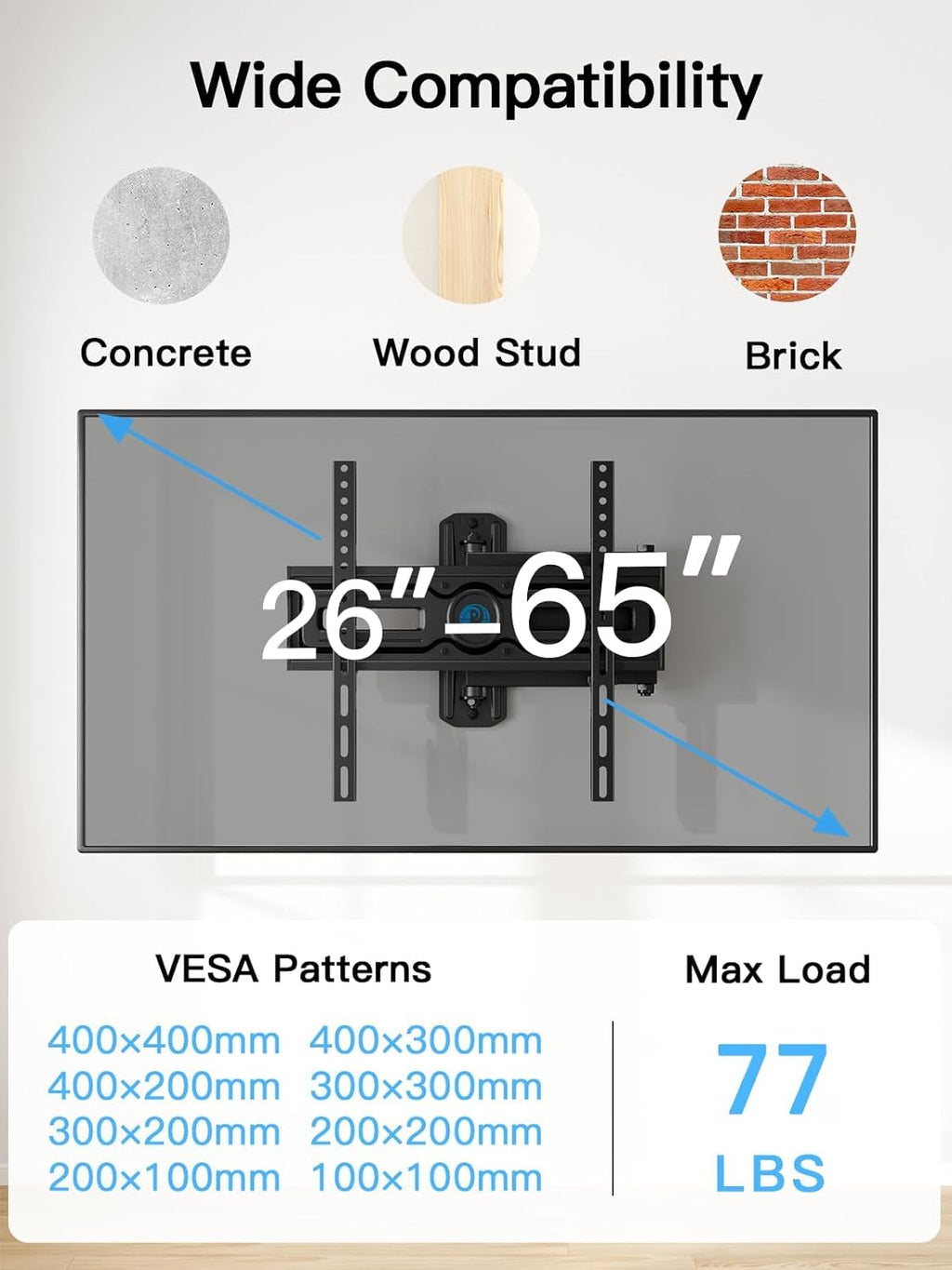 Pipishell Full Motion TV Wall Mount for Most 26-65 inch Flat & Curved TVs up to 77 lbs, Adjustable Bracket Height, Corner TV Mount with Single Articulating Arm, Max VESA 400x400mm, PIMF9