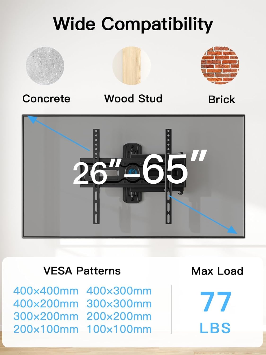 Pipishell Full Motion TV Wall Mount for Most 26-65 inch Flat & Curved TVs up to 77 lbs, Adjustable Bracket Height, Corner TV Mount with Single Articulating Arm, Max VESA 400x400mm, PIMF9