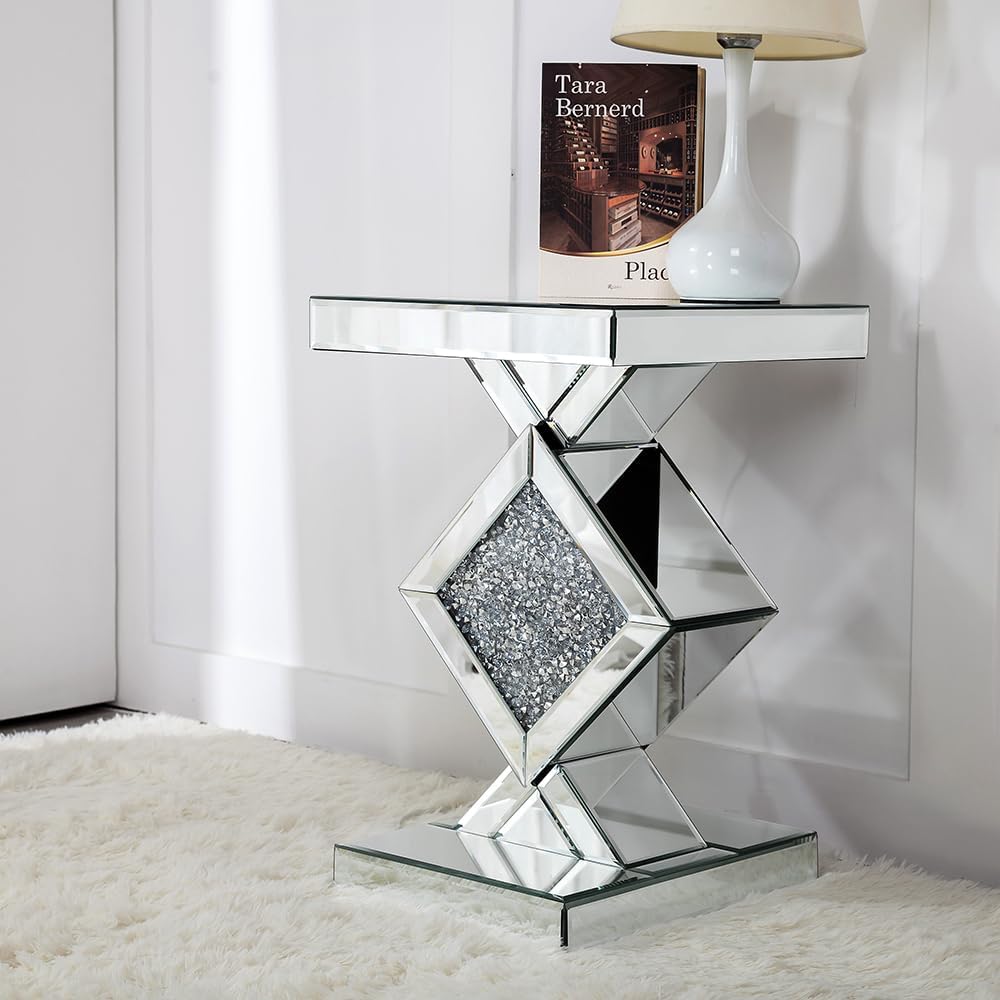 SHYFOY Glass End Tables Living Room, Glam Square Mirrored Side Table with Cru...