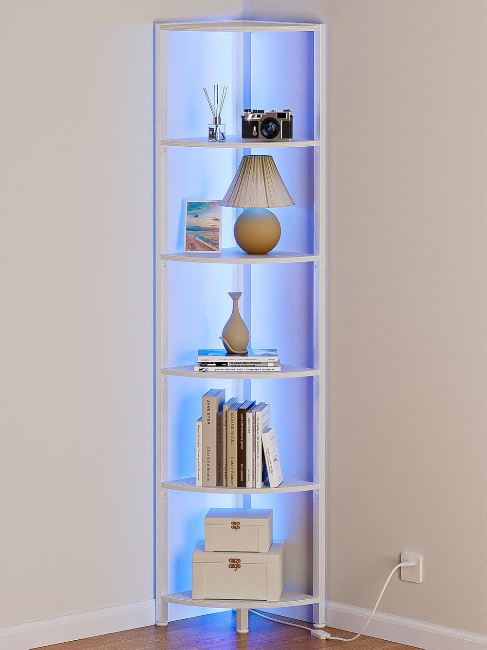 Furnulem 6 Tier Corner Shelf with LED Light, 67.5" White Narrow Bookshel...