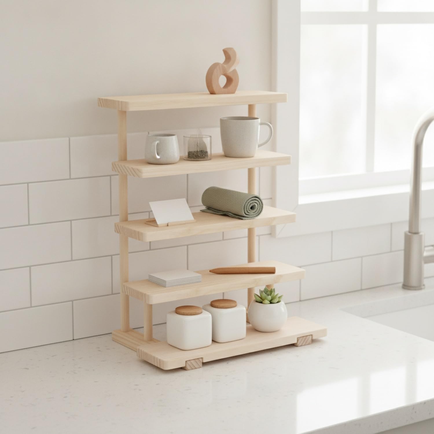 Home Office Users: 5-Tier Solid Wood Ladder Shelf for Desktop Organization, Compact Vertical Bookcase for Small Spaces