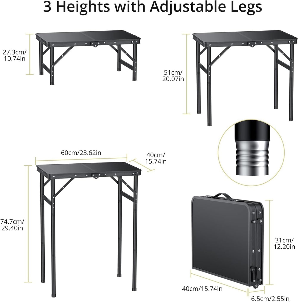 Anbte 2ft Folding Camping Table, 3 Adjustable Height Max 29.5", 23"...