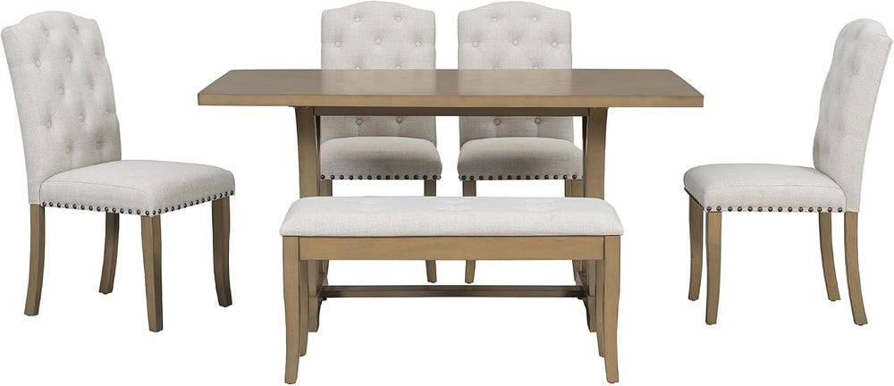 Mirightone Farmhouse Dining Table Set for 6, Dining Table with Bench and Chai...