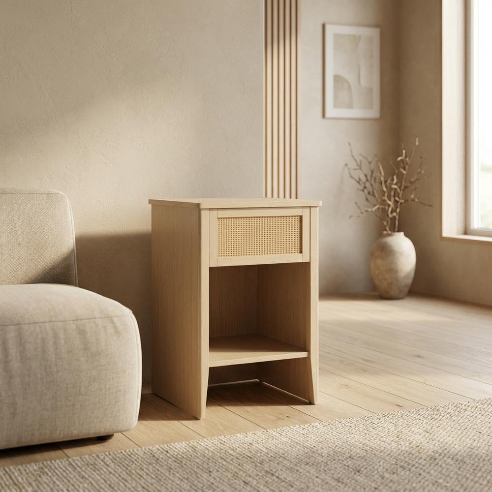 Furnifact Rattan Accent Side Table with Drawer Storage, Open Shelf, Modern De...