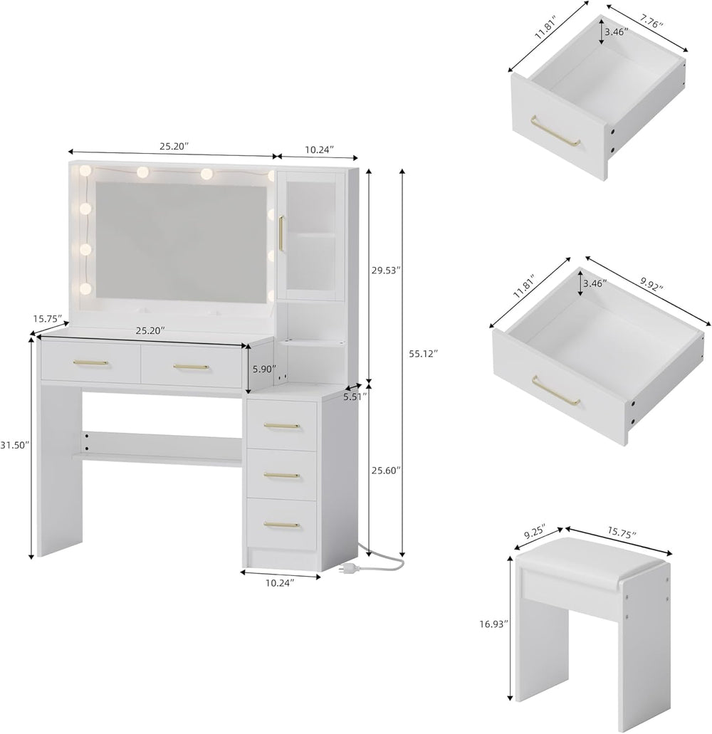 TOKSOM Makeup Vanity with Lights & Charging Station, White Vanity Table w...