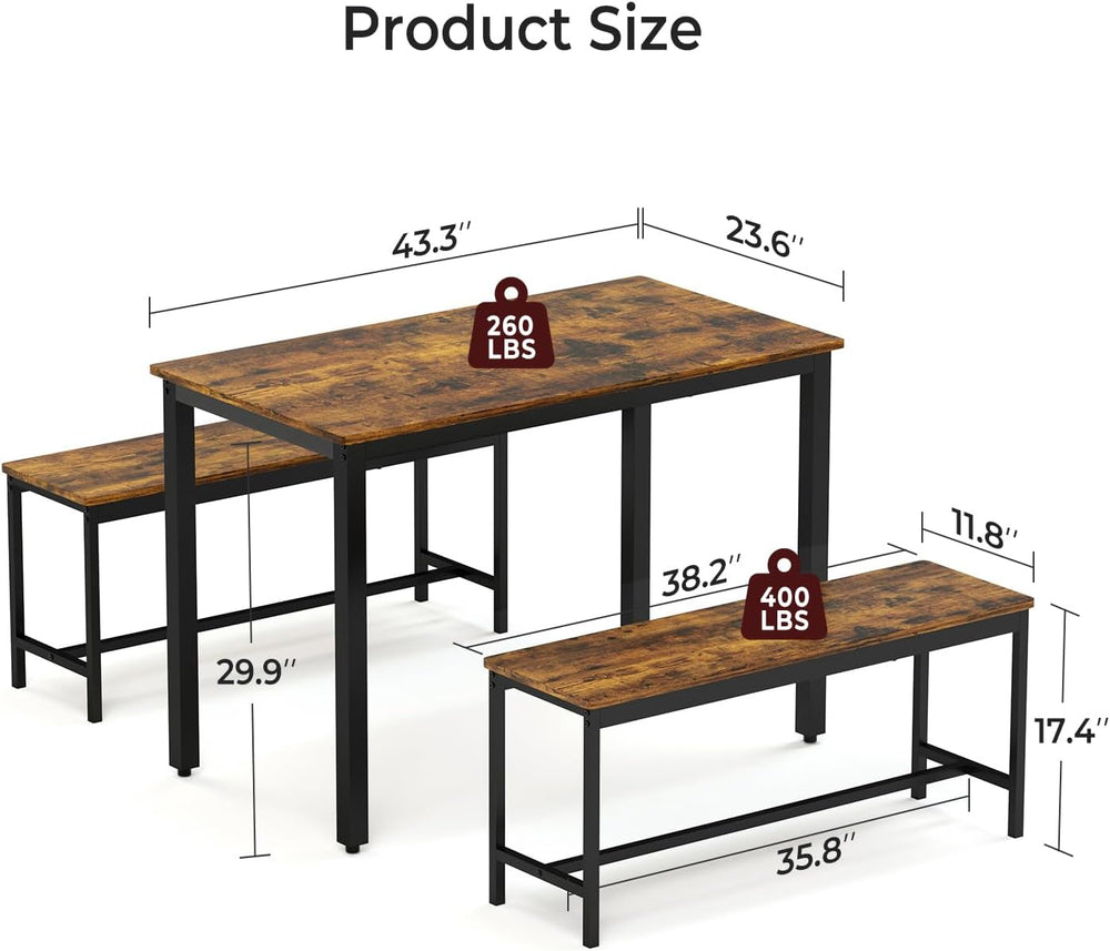 Tatub Dining Table Set for 4, 3-Piece Kitchen Table with 2 Benches, Space-Sav...
