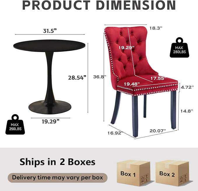 3-Pieces 31.5" Round Dining Table Set for 2, Black Dining Table & Velvet Upholstered Dining Chairs Set of 2 for Kitchen Dining Room Apartment Small Space(Wine Red Chairs)
