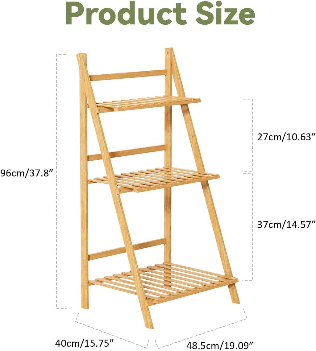 Bamboo Ladder Plant Shelf, 3 Tier Foldable Flower Pot Display Rack, Indoor Outdoor Balcony Decor, Freestanding Plant Organizer for Home Patio Lawn Garden Wooden