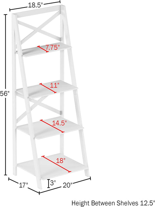 4-Tier Ladder Bookshelf - Freestanding Shelved Bookcase with X-Back Frame and Leaning Look - Display Shelves for Home or Office by Lavish Home (White)