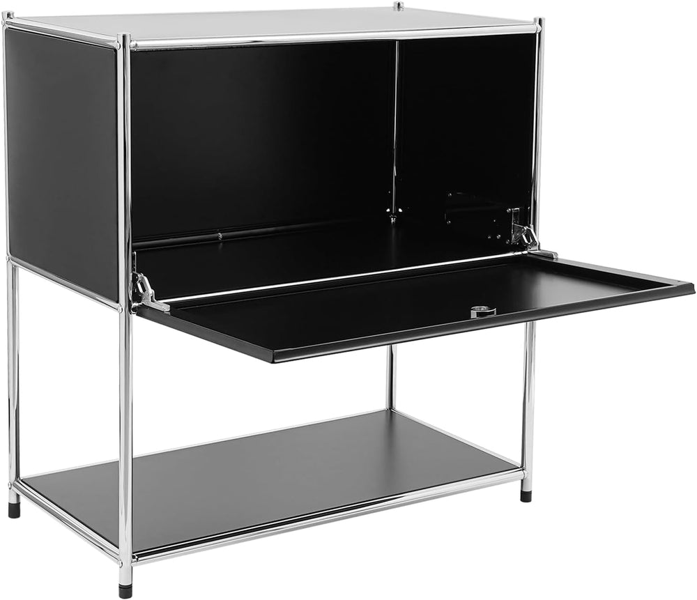Modern Metal Side Table with Drop-Door & Open Shelf, 27.5" Height Si...