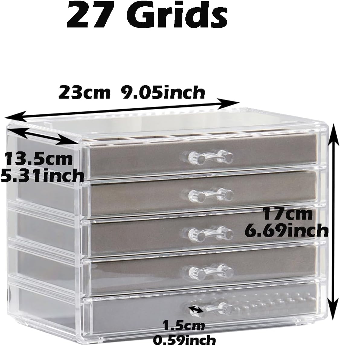 YUFONG Jewelry Organizer with 5 Drawers Clear Acrylic Earring Display Case Velvet Jewelry Storage Box Display Holder for Earring Ring Bracelet Necklace (Gray, 27 Grids)