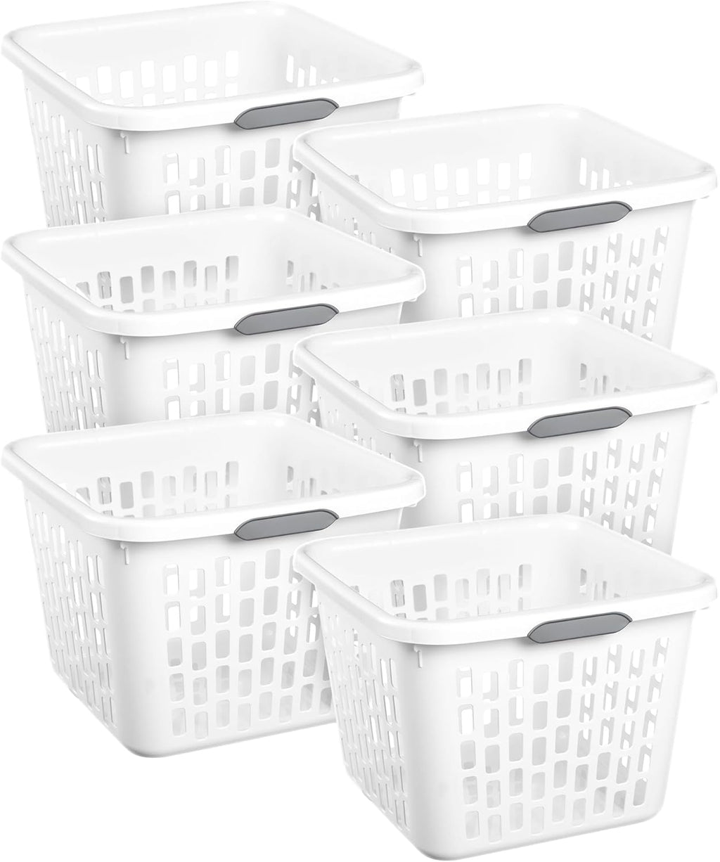Sterilite 6-Pack 1.5 Bushel Capacity Square Laundry Basket, White – Plastic Clothes Hamper Storage with Ventilated Rectangular Holes & Large Comfort Grip Handles for Easy Carry