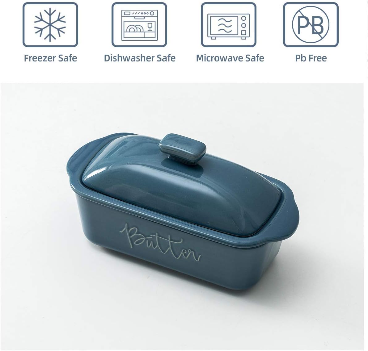 FE Butter Dish, 10 oz Ceramic Butter Keeper with Water Line, French Butter Dish with Lid for Countertop (Blue)