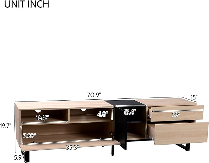 Ball & Cast 70" Modern TV Stand for TVs up to 80", Media Console with Drop-Down Door, 2 Drawers & Adjustable Shelf, Entertainment Center w/Ample Storage for Living Room, Home Theatre, Natural Wood