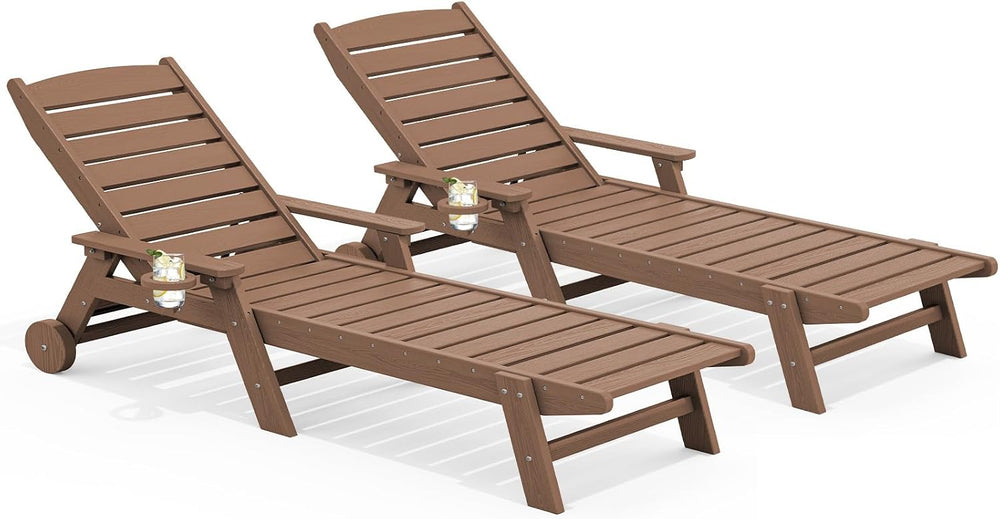 SERWALL HDPE Outdoor Lounge Chair Set of 2 with Cup Holder, Brown | with 5 Po...