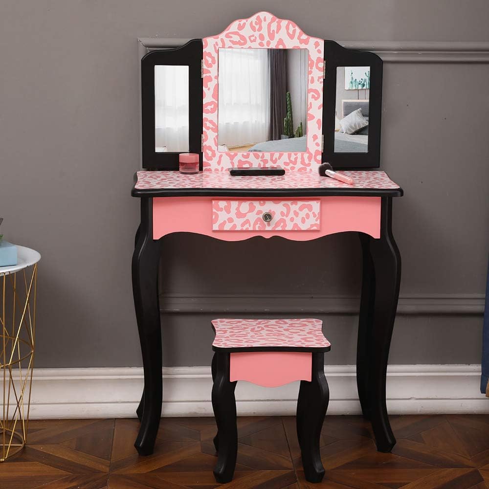 Vasitelan Vanity Table and Chair Set, Vanity Set with Mirror and Stool, Makeu...