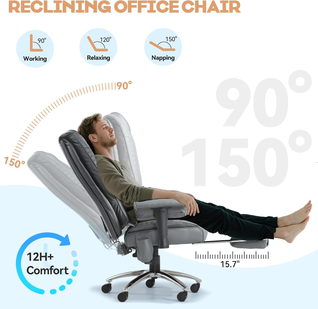Massage & Heated Office Chair with Foot Rest, Ergonomic Executive Office Chair with Reclining Backrest, Adjustable Arms & Lumbar Support, High Back Leather Desk Chairs for Home Office, Gray