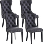 Leather Dining Chair Set of 4, Dining Room Chairs with Nailhead Ring Pull Trim, Upholstered Dining Chairs with Solid Wood Legs for Kitchen Dining Room (Black)