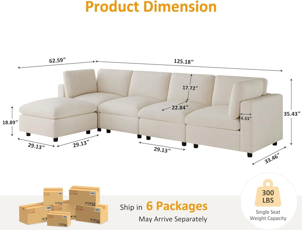 Large L Shaped Sectional Modular Sofa,Chenille Sectional Couch,Beige | Washable,Removable Cover,Modern,Comfortable