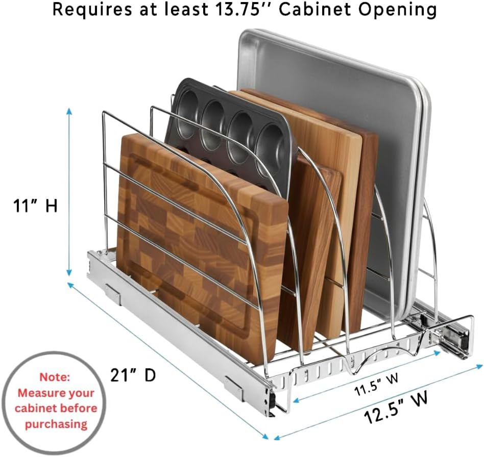 HOLDN’ STORAGE Pull Out Organizer for Bakeware, Cutting Board and Trays, Adjustable Dividers - Heavy Duty, Lifetime Limited Warranty - For Narrow Cabinet Spaces, 12.5”W x 21”D x 11”H, Chrome