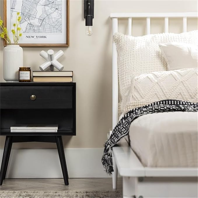 Walker Edison Ella Mid Century Modern 1 Drawer Solid Wood Nightstand, 1 Pack, Black